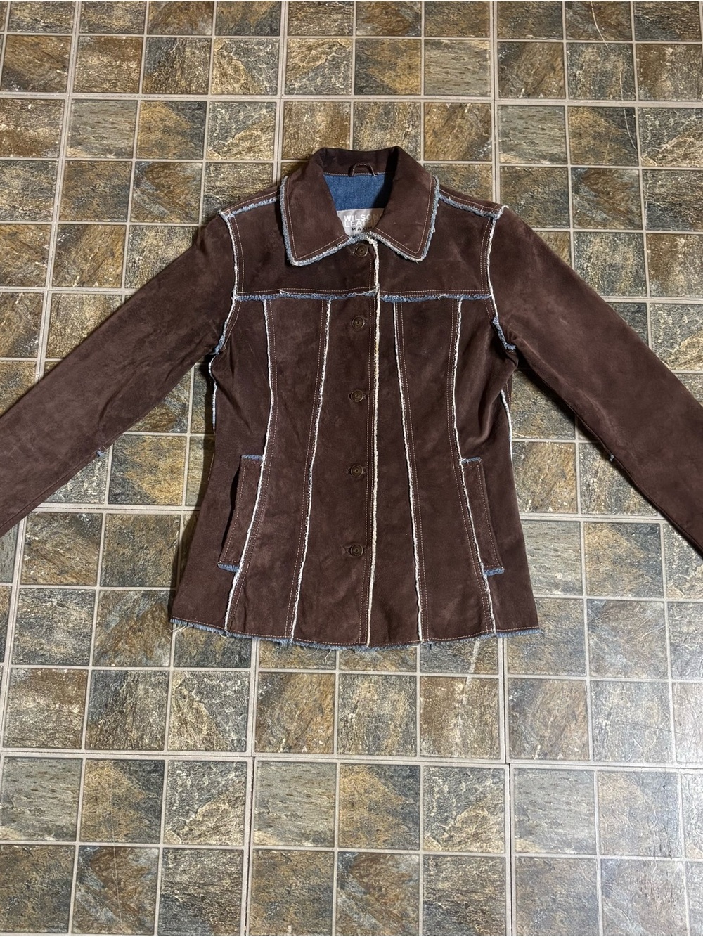 Wilsons Leather Brown Suede Contrast-Topstitch Jean Jacket